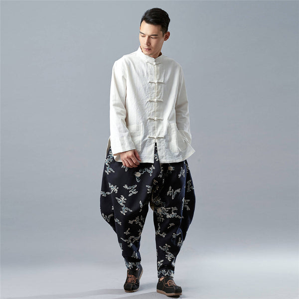 Men New Style Loose Printed Cotton and Linen Hanging Crotch Pants (inner layered with velvet)