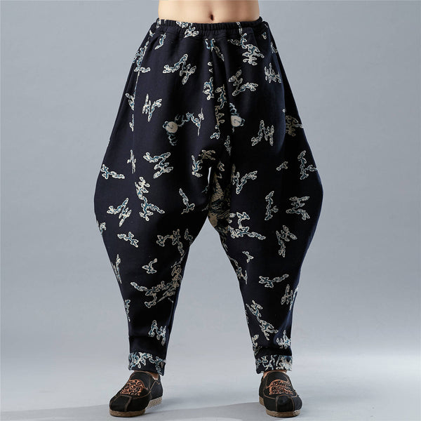 Men New Style Loose Printed Cotton and Linen Hanging Crotch Pants (inner layered with velvet)