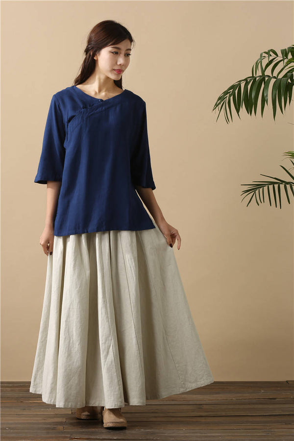 Women Retro Pure Color Loose Linen and Cotton Ankle Length Skirt