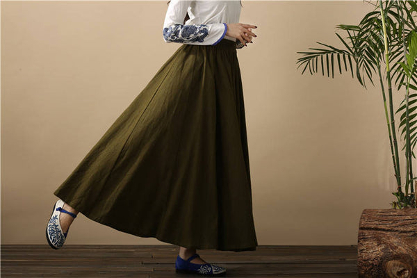 Women Retro Pure Color Loose Linen and Cotton Ankle Length Skirt