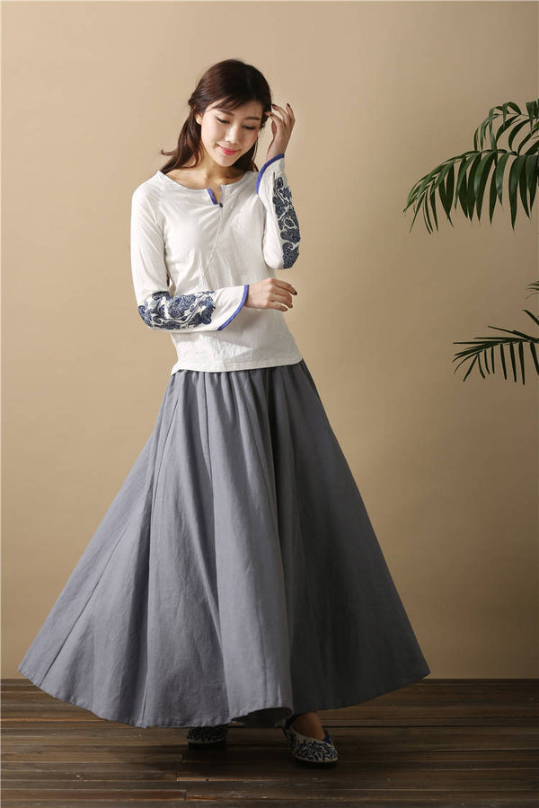 Women Retro Pure Color Loose Linen and Cotton Ankle Length Skirt