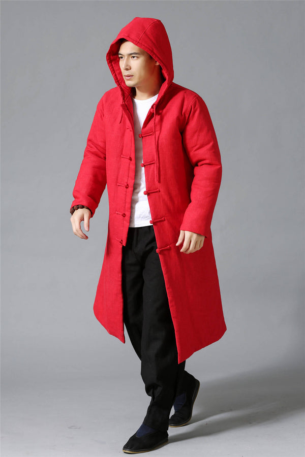 Men New Hangfu Kungfu Style Linen and Cotton Quilted Long Coat Hoodie