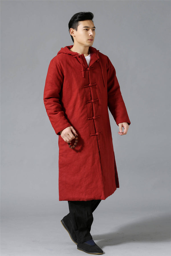 Men New Hangfu Kungfu Style Linen and Cotton Quilted Long Coat Hoodie