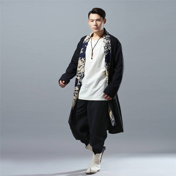 Men Eastern Style Linen and Cotton Shrugs Ponchos (Dragon Printed)