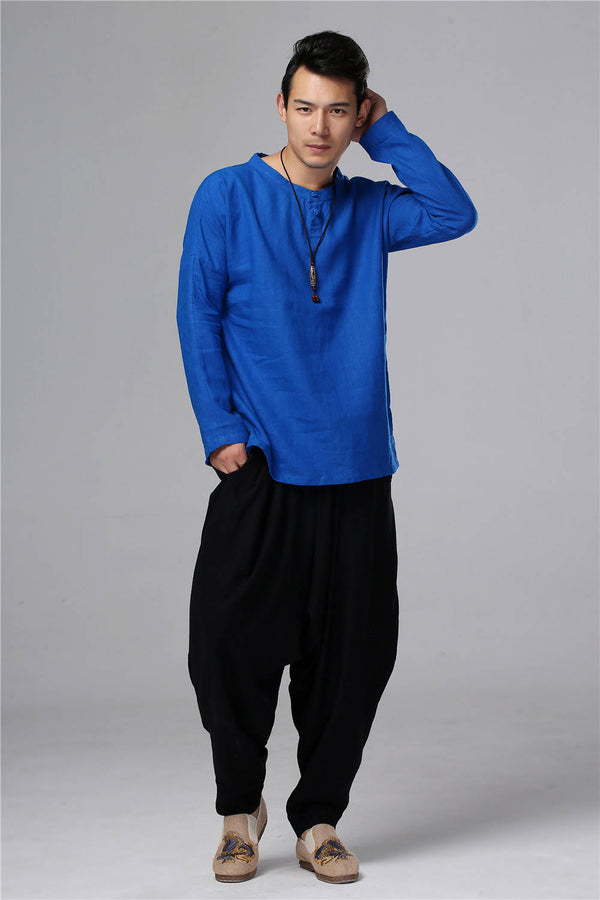 Men New Style Hangfu Kungfu Zen Style Linen and Cotton T-shirts Tops