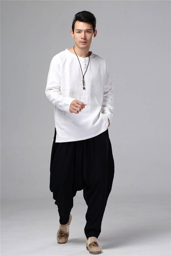 Men New Style Hangfu Kungfu Zen Style Linen and Cotton T-shirts Tops