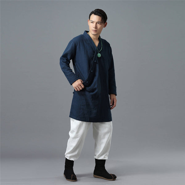 Men Asian Zen Style Long-sleeved Linen and Cotton Tunics