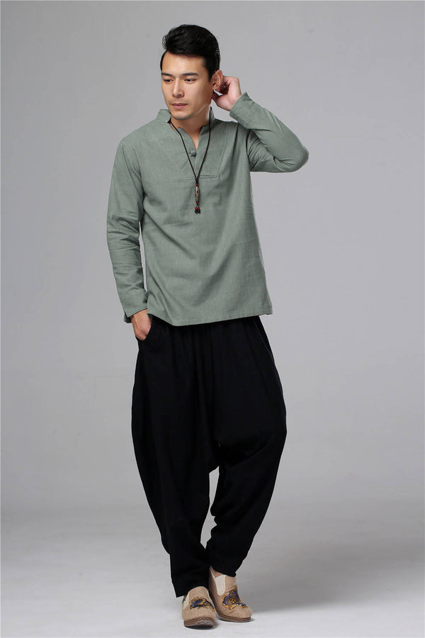 Men New Style Hangfu Kungfu Style Linen and Cotton T-shirts Tops