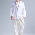 Men Zen Style Hangfu White Linen and Cotton T-shirts Tops