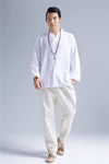 Men Zen Style Hangfu White Linen and Cotton T-shirts Tops