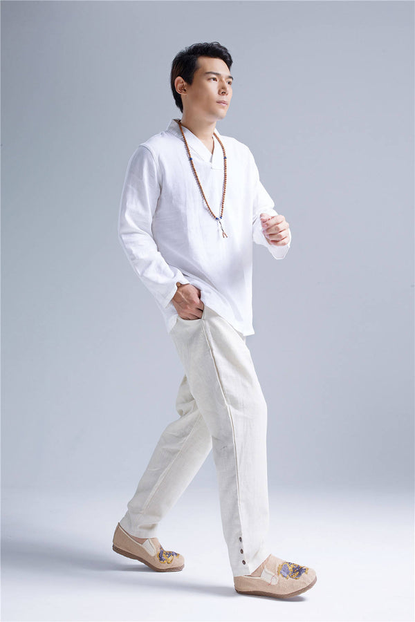 Men Zen Style Hangfu White Linen and Cotton T-shirts Tops