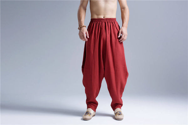 Men New Style Loose Pure Color Linen Hanging Crotch Pants