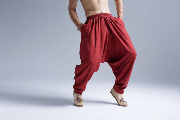 Men New Style Loose Pure Color Linen Hanging Crotch Pants