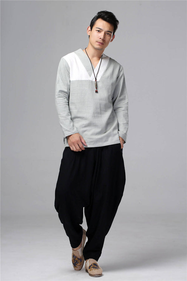 Men New Style Hangfu Tai Chi Style Linen and Cotton T-shirts Tops
