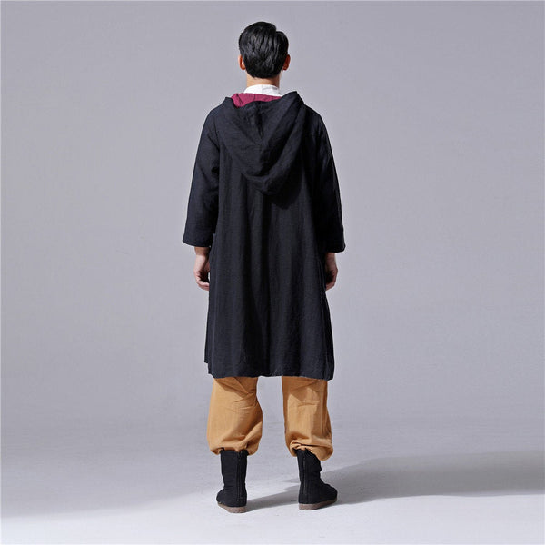 Men Simple Pure Color Witch Style Linen and Cotton Coat Hoodie (Black Color Only)