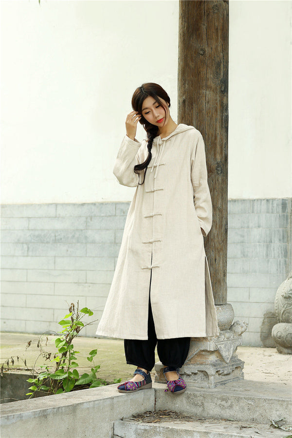 Women Simple Pure Color Linen and Cotton Witch Style Coat Hoodie