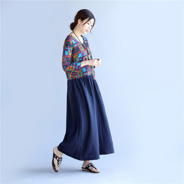 Women Asian Style Printed Causal Tea Length Linen and Cotton Dress