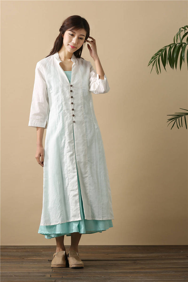 Women Cardigan Retro Buckle Collar Long sleeve Thin Linen and Cotton Dress Type Coat