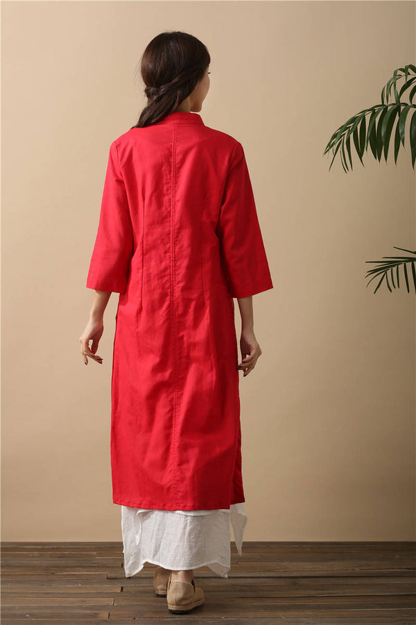 Women Cardigan Retro Buckle Collar Long sleeve Thin Linen and Cotton Dress Type Coat