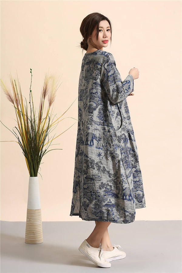 Women linen and cotton dress – Hanfu Tyle Landscape Printed Dress