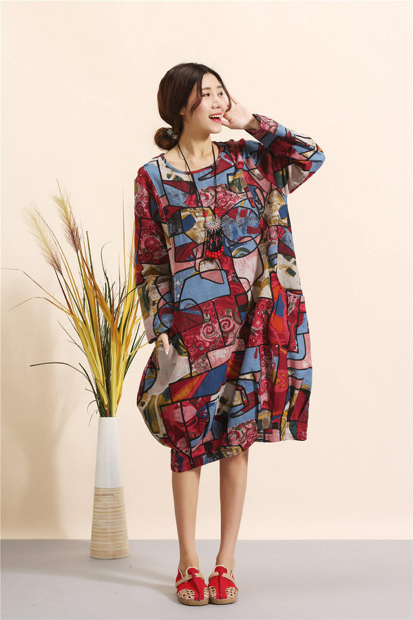 Women Eastern Style Linen and Cotton Printed Dress