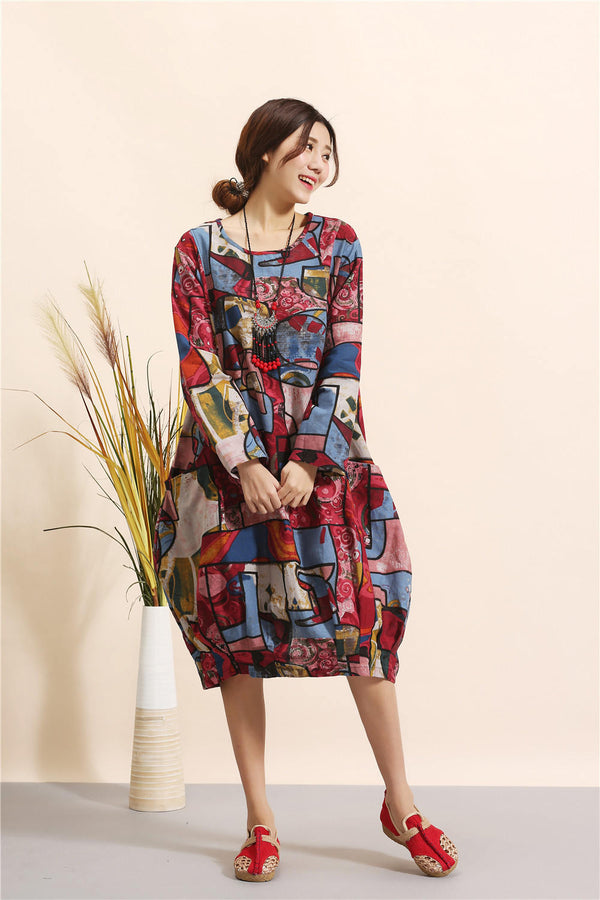 Women Eastern Style Linen and Cotton Printed Dress