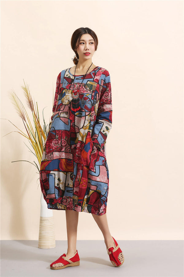 Women Eastern Style Linen and Cotton Printed Dress