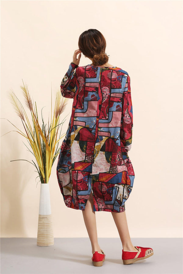 Women Eastern Style Linen and Cotton Printed Dress