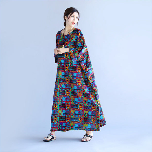 Women Linen and Cotton Reto Type Printed Ankle Length Dress