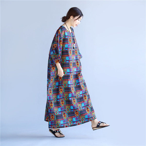 Women Linen and Cotton Reto Type Printed Ankle Length Dress