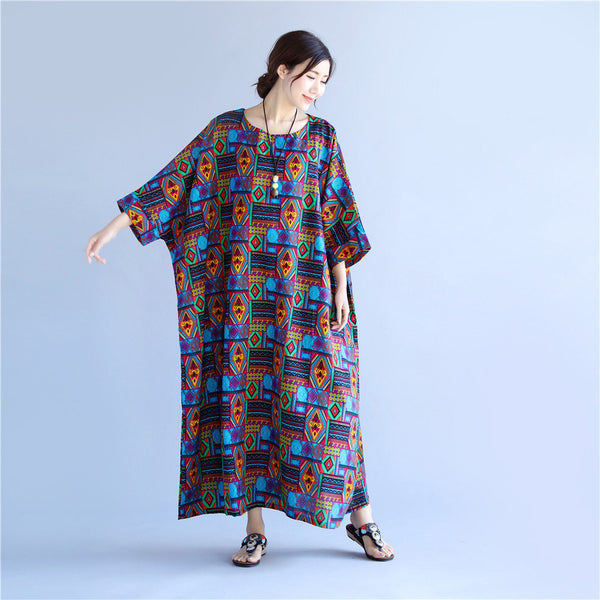 Women Linen and Cotton Reto Type Printed Ankle Length Dress