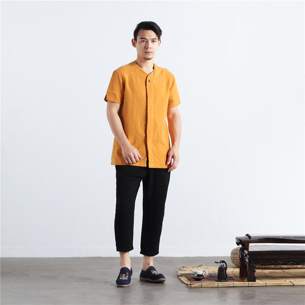 Men Casual loose Round Neck Short Sleeve Hanfu Kungfu Linen and Cotton Tops