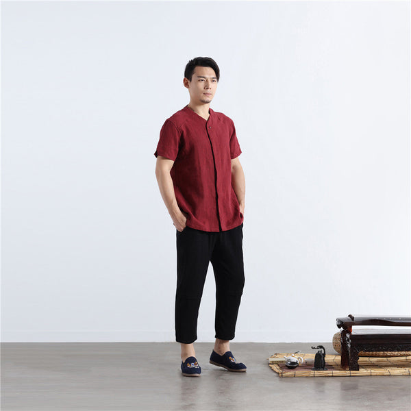 Men Casual loose Round Neck Short Sleeve Hanfu Kungfu Linen and Cotton Tops
