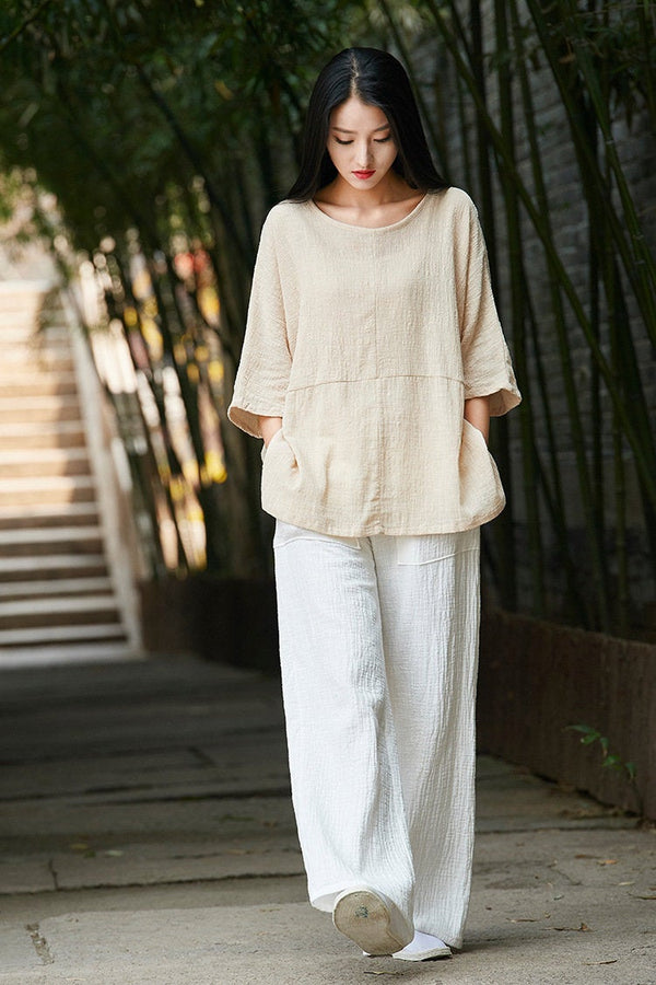 Simple Pure Color Linen and Cotton Loose Style Women Middle Sleeve Blouses
