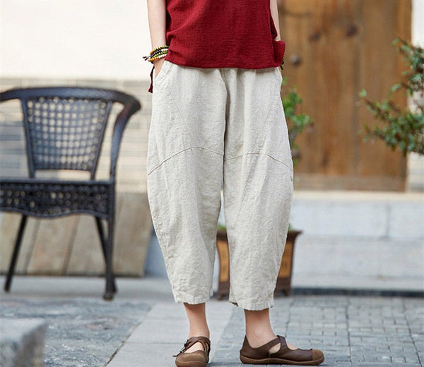 Women Casual Loose Linen Lantern Cropped Pants