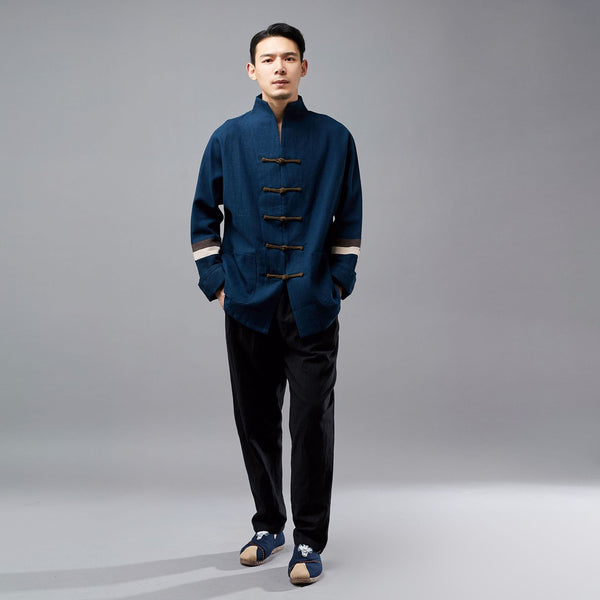 Men Hangfu Kungfu Zen Style Men Long Sleeve with Stripe Linen and Cotton Top