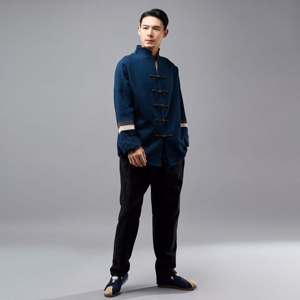 Men Hangfu Kungfu Zen Style Men Long Sleeve with Stripe Linen and Cotton Top