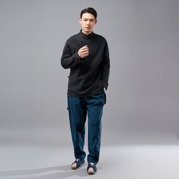 Men Eastern Swallowtail Coat Style Hangfu Kungfu Zen Style Men Long Sleeve Linen and Cotton Top