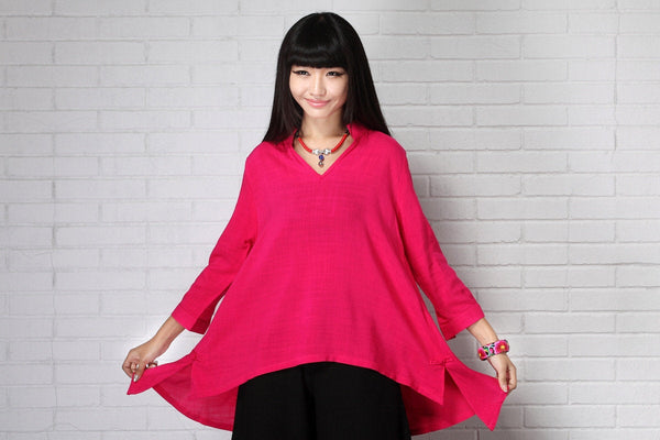 Women Causal Style Loose V Collar Long Sleeve Linen and Cotton Blouses