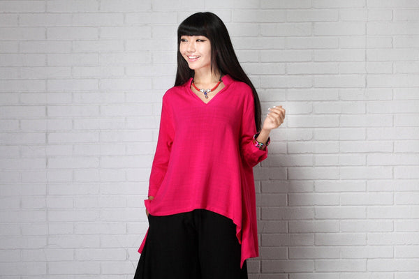 Women Causal Style Loose V Collar Long Sleeve Linen and Cotton Blouses