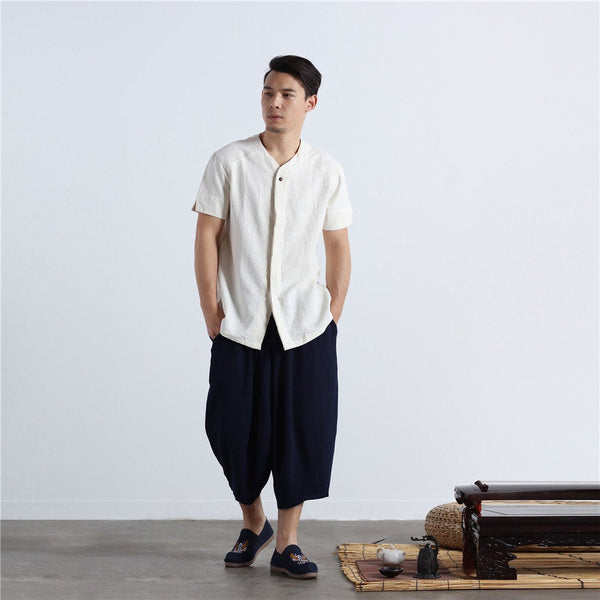 Men Casual loose Round Neck Short Sleeve Hanfu Kungfu Linen and Cotton Tops