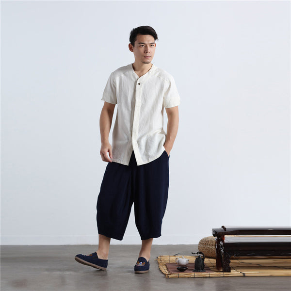 Men Casual loose Round Neck Short Sleeve Hanfu Kungfu Linen and Cotton Tops