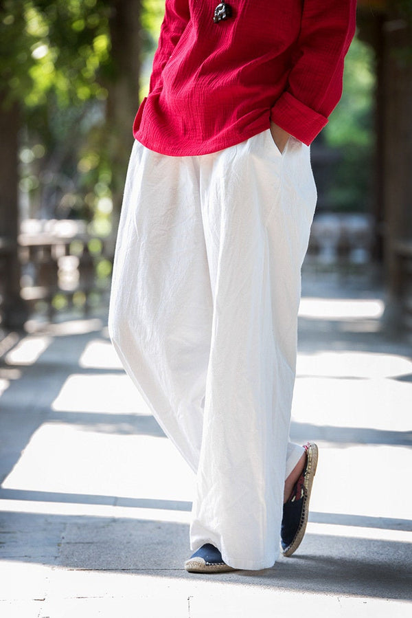 Women Loose Water Wash Line and Cotton Wide Leg Pant