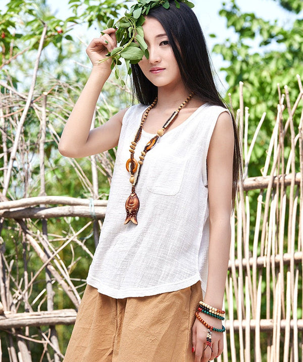 Women cotton and linen Sleeveless summer thin loose vest style t-shirt with pocket