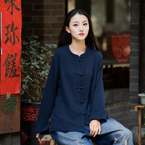 Simple Retro Style Women Long Sleeve Linen Cardigan Blouses