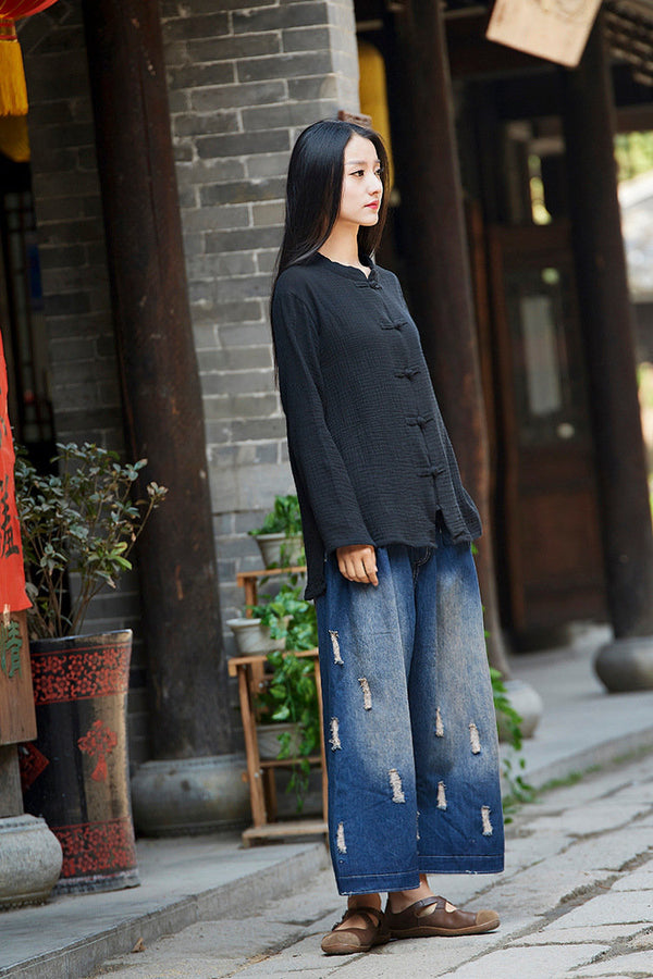 Simple Retro Style Women Long Sleeve Linen Cardigan Blouses