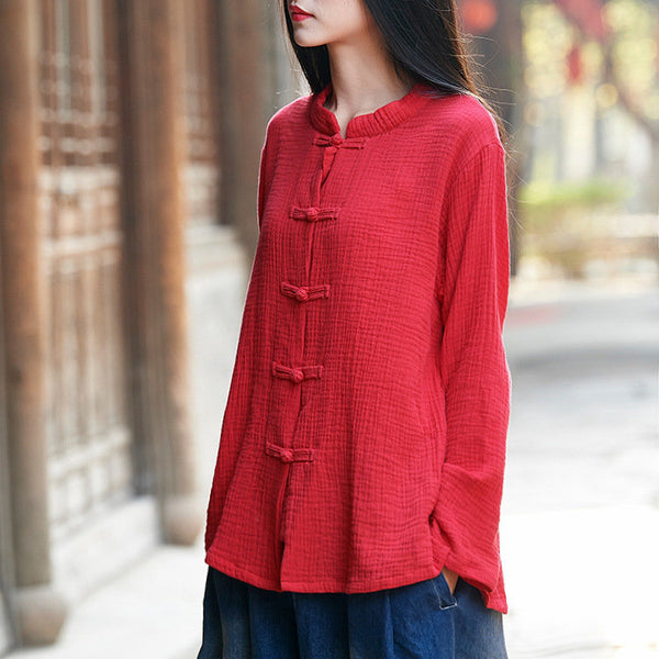 Simple Retro Style Women Long Sleeve Linen Cardigan Blouses