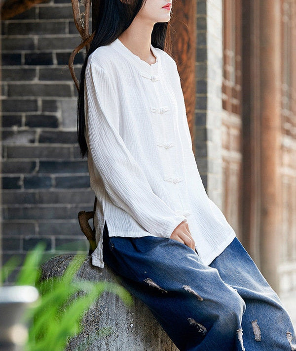 Simple Retro Style Women Long Sleeve Linen Cardigan Blouses