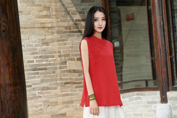Linen and Cotton Retro Chinese Style Sleeveless Blouses – Retro Skinny Style Women Sleeveless Blouses