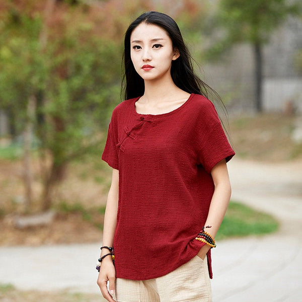 Linen and Cotton Retro Chinese Style Blouses – Simple Pure Color Retro Skinny Style Women Short Sleeve Blouses
